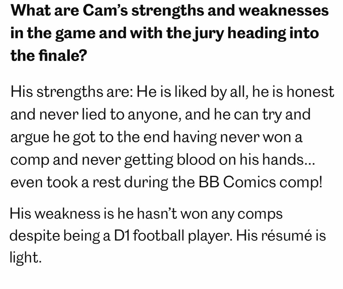 Julie talking about Ashley &amp; Cam on their chances despite their similar comp record.

Julie thinks Cam can use it to argue on how he made it far despite only having one comp win.

But for Ashley she can’t use that argument because apparently she does NOT deserve to win. #BB27