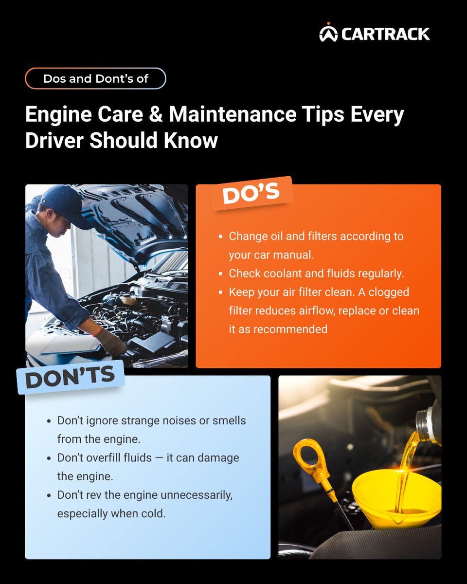 CartrackZA's tweet image. 🚗💨 Ready to boost your engine's lifespan and performance? 🚀

Discover these essential do's and don'ts every driver should know!
Tell us, which tip is already part of your routine? 👇

Let's chat in the comments!

#cartrack #vehiclemaintenance #peaceofmind