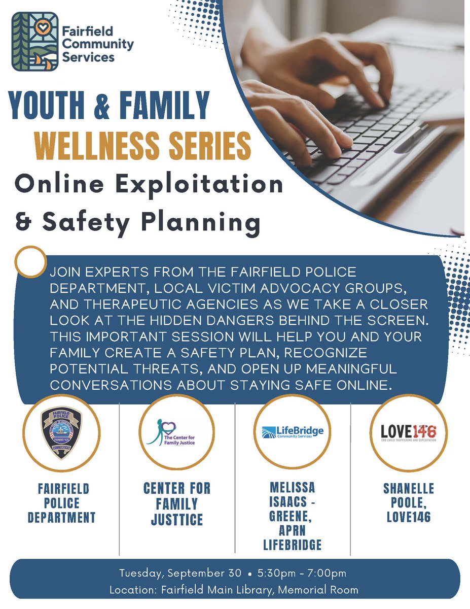 Join experts from the Fairfield PD, Center for Family Justice, LifeBridge, and Love146 for an important conversation on keeping kids safe online. This FREE event is open to the community. Parents, caregivers, and teens are encouraged to attend! tinyurl.com/OnlineExploita…