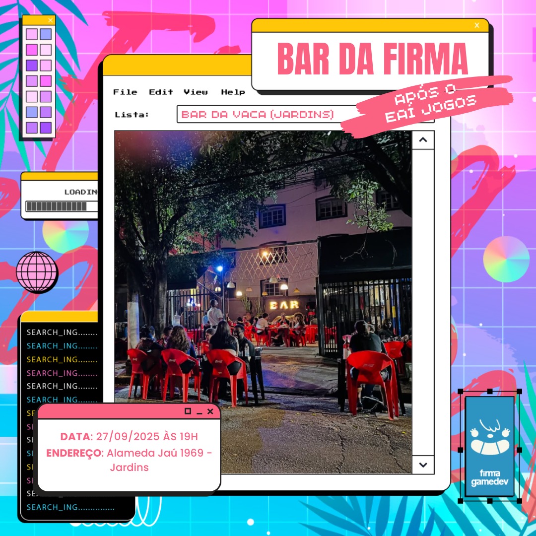FirmaGamedev's tweet image. Olha o Bar da Firma vindo aí 🍻
Pra quem é de São Paulo e região, amanhã tem barzin depois do EAI Jogos lá no Bar da Vaca à partir das 19h
🔄 Compartilha e bora lá ver as amizade 🙏
#jogobr #indiebr #gamedev #indiegames