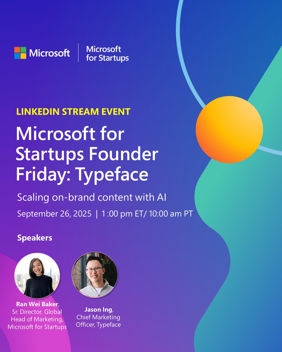 msft4startups's tweet image. Today’s the big day! 🌟 

Don’t miss our LinkedIn Live event with @typefaceai, where we’ll discuss how AI and agentic marketing empower founders to bring creative ideas to market faster.

Sign up now before it&apos;s too late: msft.it/6011ssbCd

#MicrosoftForStartups #AI…