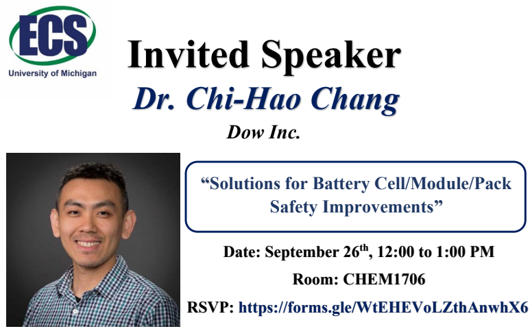 ECS_UMich's tweet photo. Join us today for our first event of the semester. "Solutions for Battery Cell/Module/Pack Safety Improvements". We are honored to have Dr. Chi-Hao Chang here for this seminar. https://t.co/hB8Qz5ZHa7
