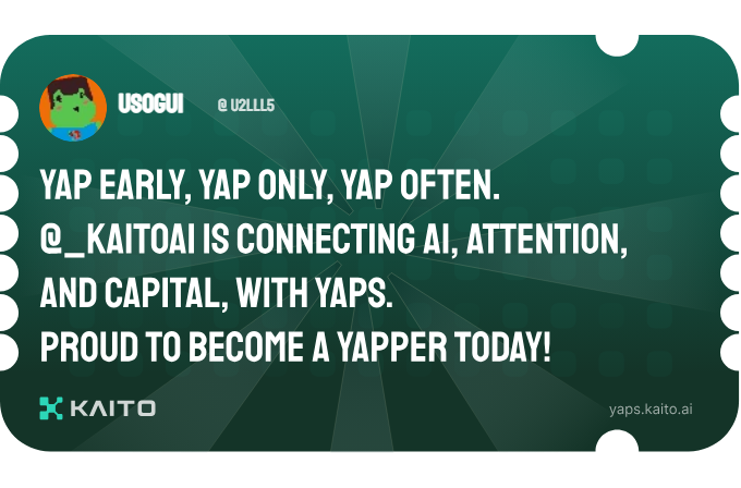 U2lll5's tweet photo. Yap early, yap only, yap often.

@KaitoAI is connecting AI, attention and capital with Yaps.

Just claimed my social card and I'm accumulating Yap points in real-time.

Claim yours 👉 https://t.co/P1BDJad9kF https://t.co/5f9ckN2loP