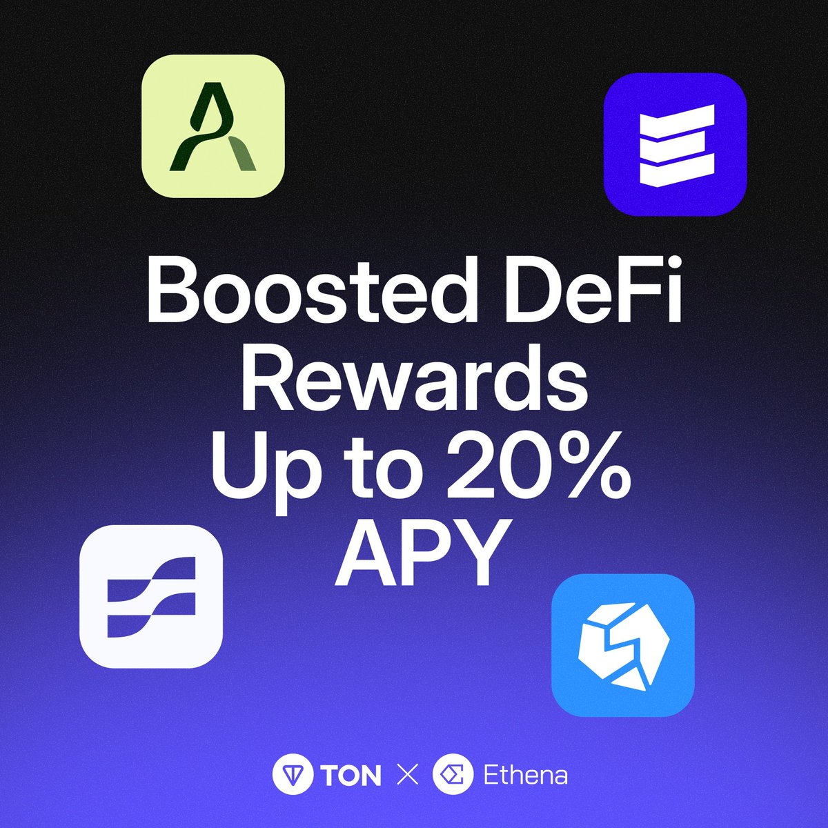 👉<a href="/ethena_labs/">Ethena Labs</a> 20% APY Boost gets an upgrade. Extended from Sept 26 – Oct 24.

🔹 Up to 20% APY with $tsUSDe
🔹 4 DeFi platforms: <a href="/AffluentOrg/">Affluent</a>, <a href="/evaaprotocol/">EVAA Protocol</a>, <a href="/ston_fi/">STON.fi</a>, <a href="/FivaProtocol/">FIVA</a>
🔹 Rewards stack: Base + Boost + Protocol
🔹 APY Boost: 10% in Wallets and DeFi
   🌐 Cap: 20,000