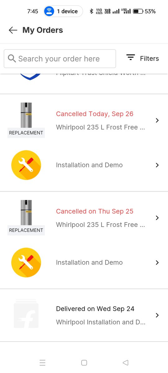Dhanvi47844's tweet image. @Flipkart @FlipkartCare Order #123456789 (Fridge  Whirlpool) delivered **damaged** &amp;amp; installation not done. Return requests keep **getting cancelled**. EMI due 2nd Oct. Please resolve immediately! #Flipkart #CustomerSupport 

#ReturnRequest

#DamagedProduct
