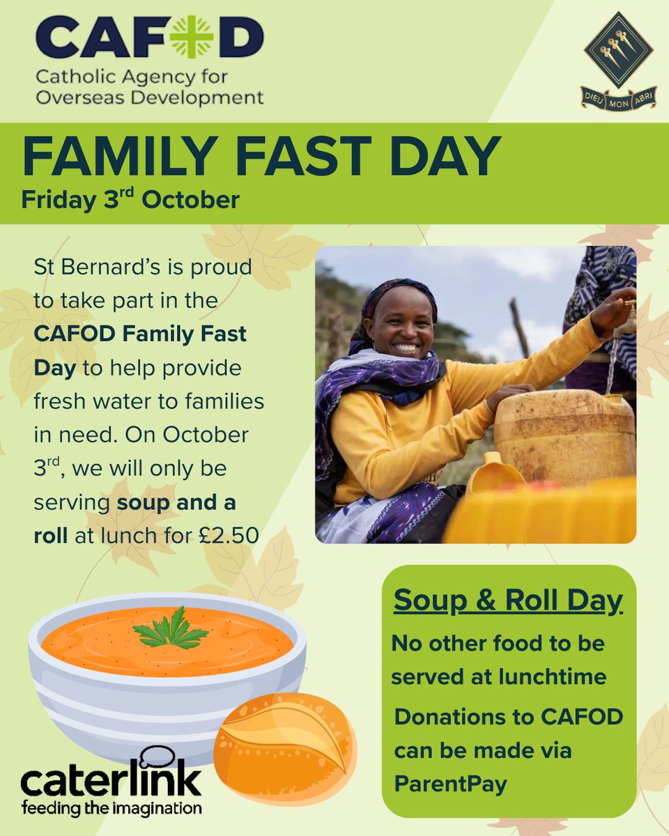 Join St Bernard's for the <a href="/CAFOD/">CAFOD</a> Family Fast Day! Enjoy a "Soup and a Roll" lunch for £2.50 to support families in need. Caterlink will donate £250 towards fresh water initiatives. Donate on ParentPay to help fight global poverty! #StBernards #CAFOD #Charity