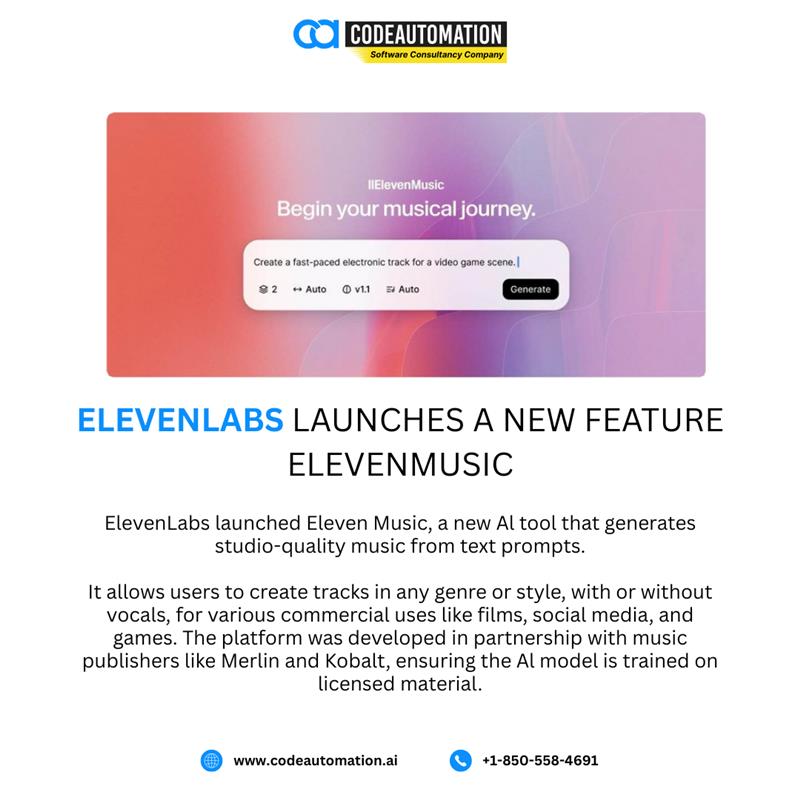 CodeAutomation's tweet image. Day 12 of our Aug 2025 AI Updates @CodeAutomationAI! ElevenLabs launches ElevenMusic, studio-quality tracks from text prompts in any genre, with vocals or instrumental. Trained on licensed material from Merlin & Kobalt for commercial use!
#ElevenLabs #ElevenMusic #AIseries