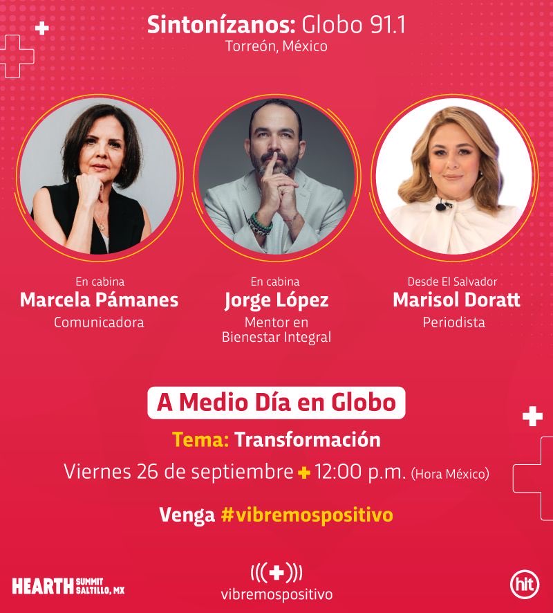 Buenos días El Salvador, hola México.  Nos escuchamos hoy a las 12:00 m, en Radio Globo 91.1 Torreón.

Gracias Jorge López por la invitación.
@#vibremospositivo