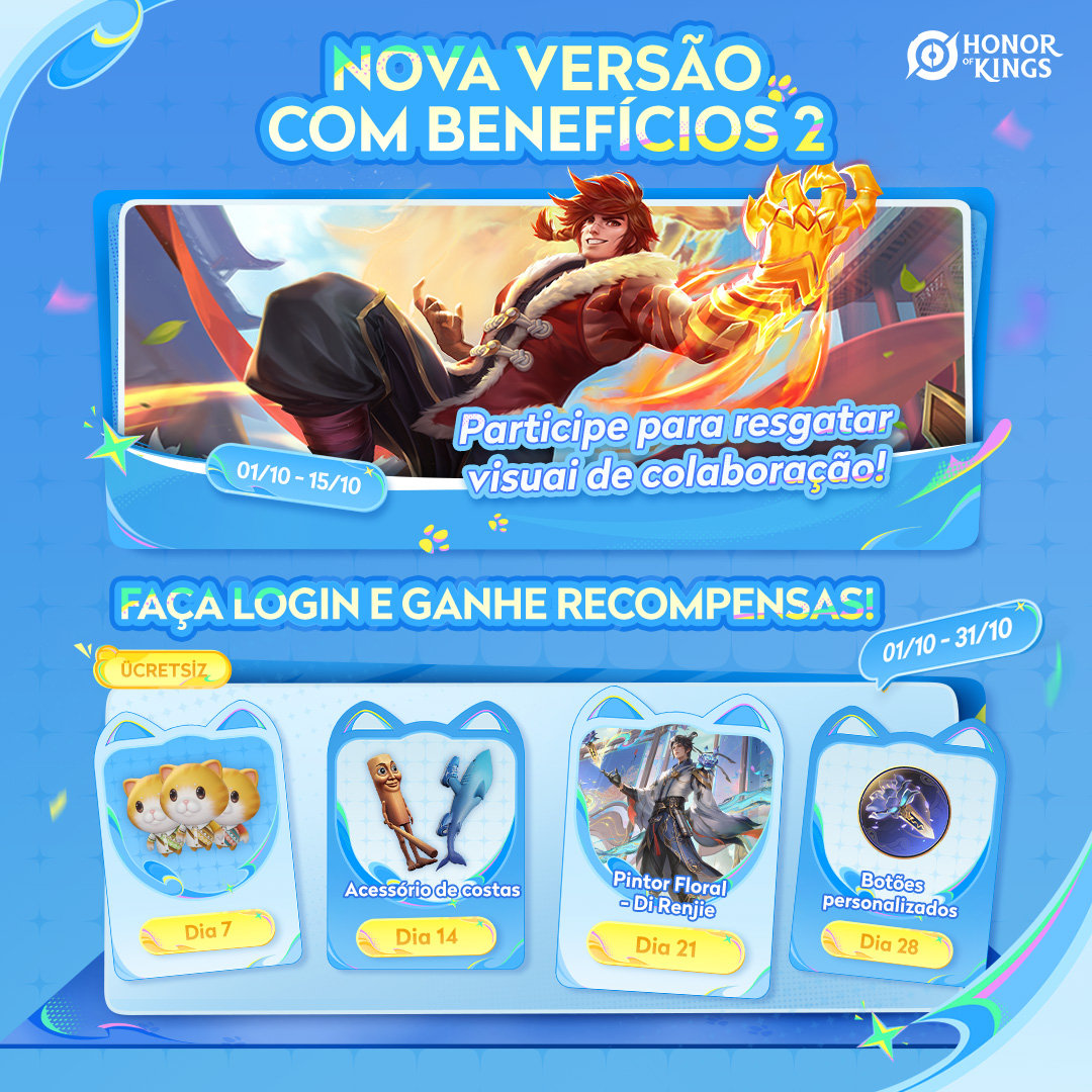 💥VISUAIS GRÁTIS! 
❤️ Sinta o amor de HOK!

🎯 1 a 15 de outubro:
Participe do evento, ganhe pontos e resgate o visual colaborativo do Pei GRÁTIS!

📅 1 a 31 de outubro:
Faça login diariamente para ganhar recompensas!

#HOK #HOKThrilling