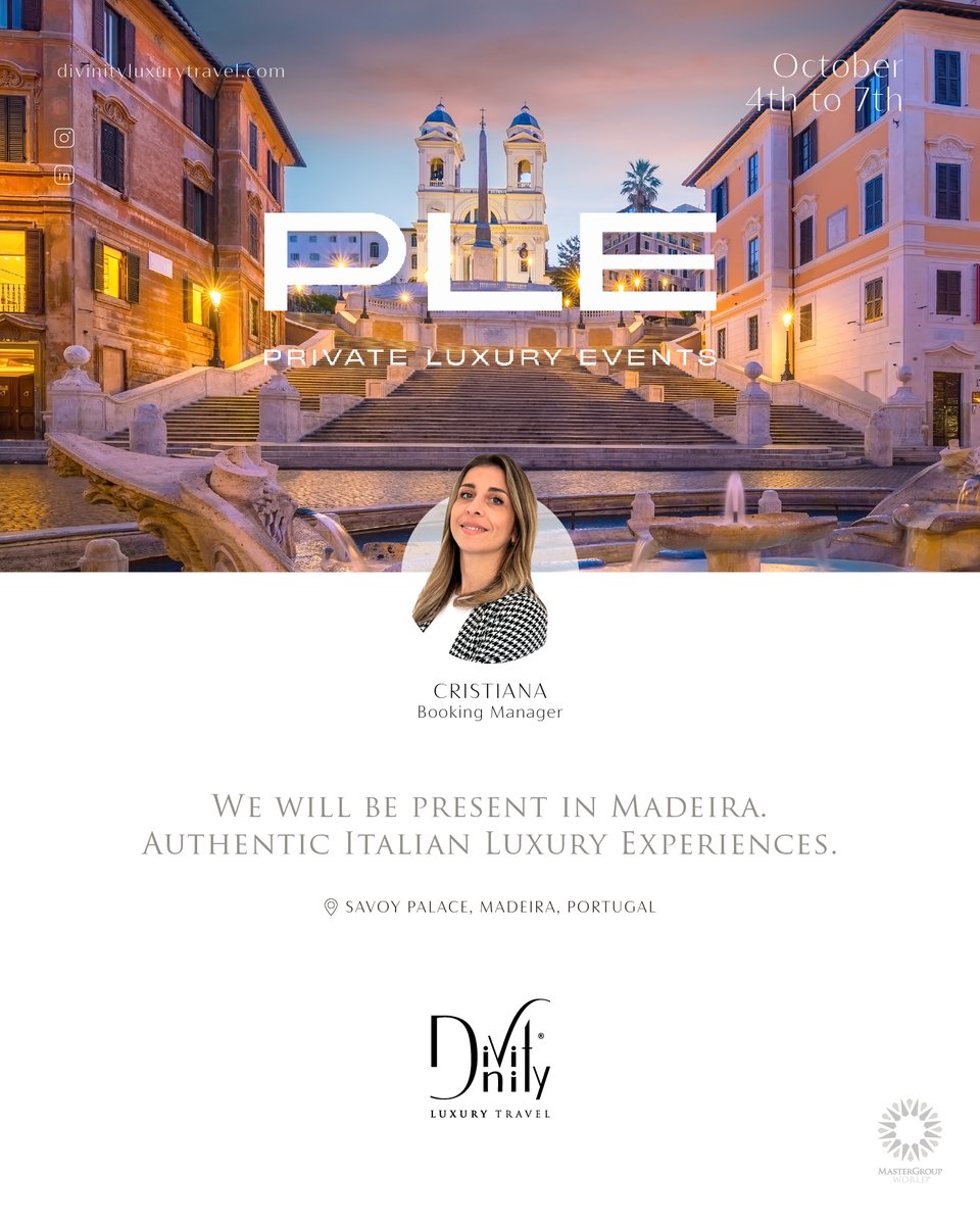 ✨ Next stop: Madeira
From Oct 4th-7th Divinity will join Private Luxury PLE at the iconic Savoy Palace.
Cristiana Campanella will present our bespoke Italian journeys, refined, immersive, unforgettable.

Let’s meet &amp; shape luxury dreams

#luxury #PLEMadeira #divinityluxurytravel