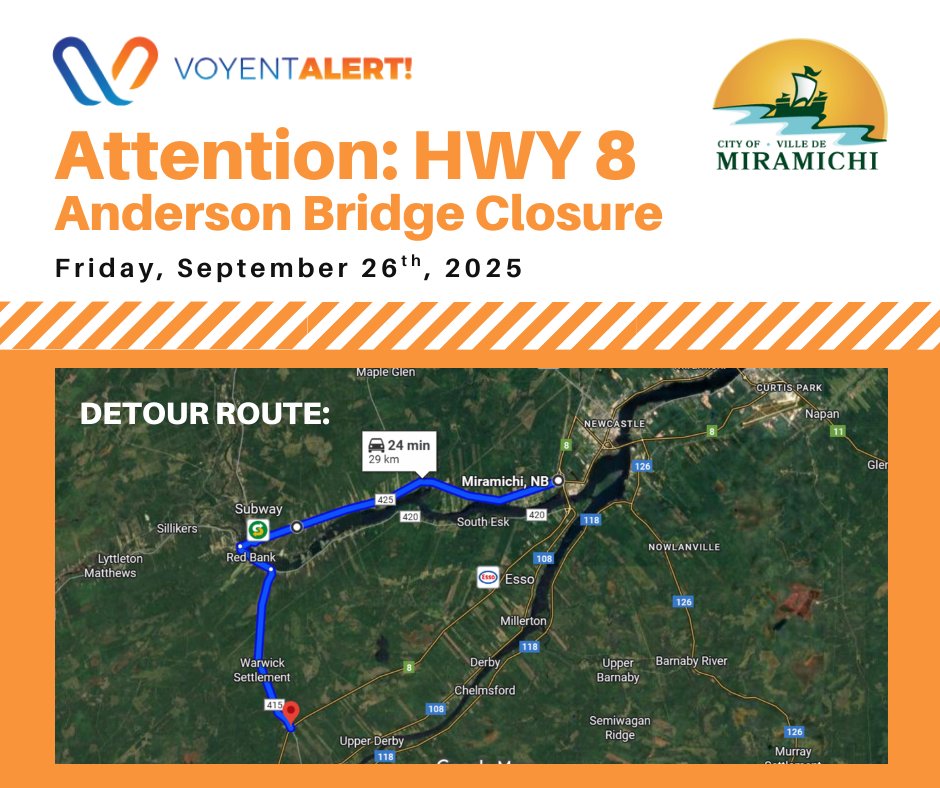 🚧 Anderson Bridge (Route 8) CLOSED 🚧
Severely damaged after being struck by a boom truck. Closure expected long-term.
Detour: Rte 415→420→425 (NB511)
Alt: Rte 126→118→Quarryville Bridge→108→Rte 8

Plan ahead &amp; expect delays.