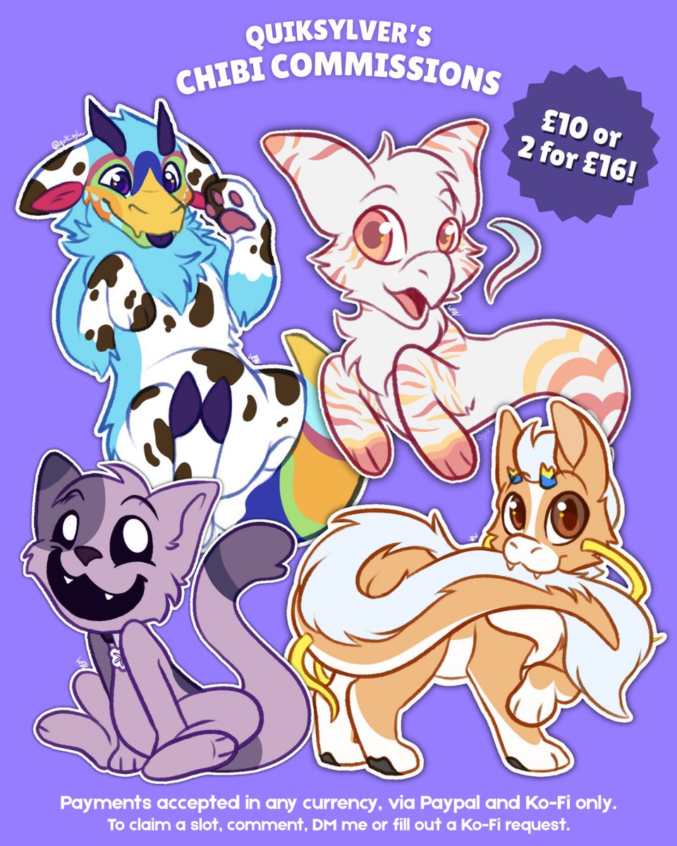 I'm now offering chibi commissions! £10 each or 2 for £16! (Approx $13 or 2 for $22). Payments via PayPal or Ko-Fi only, DM me if you're interested!
#chibicommissions #furryart #kofi