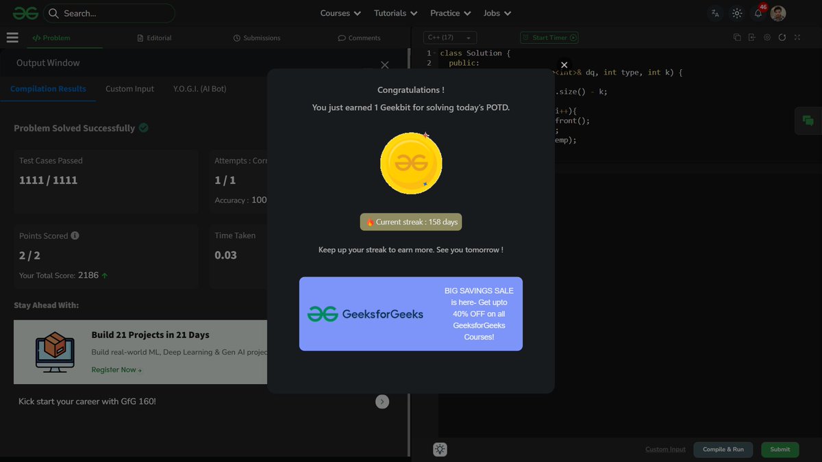 shahidx_05's tweet image. Day 196 – #365DaysOfCode
✨ Focused & consistent 💪
🎯 DSA:
✅ Valid Triangle Number
✅ Hamming Distance
✅ Rotate Deque by K
✅ Presents (Codeforces)
#DSA #LeetCode #GeeksForGeeks #Codeforces #ProblemSolving #DailyCoding #LearnInPublic #BuildInPublic