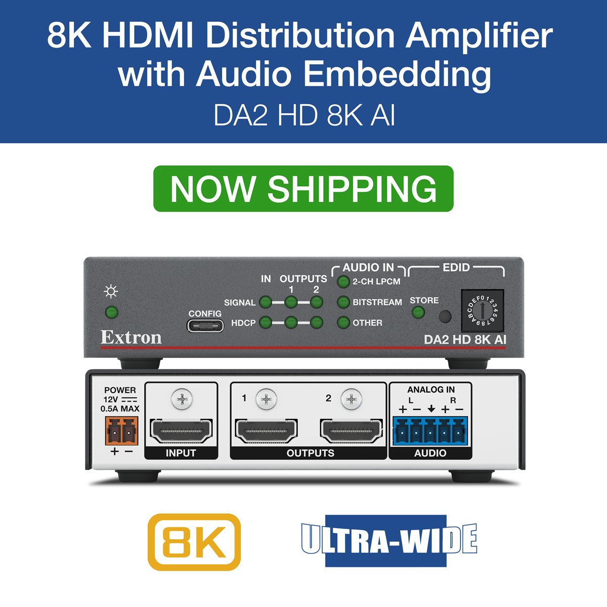 Extron's tweet image. Looking to simplify your AV setup? The Extron DA2 HD 8K AI is now shipping!
This audio embedder makes it easy to bring quality audio into your video workflows. Designed for modern spaces like presentation rooms and esports venues, this compact, 8K-capable device lets you add…