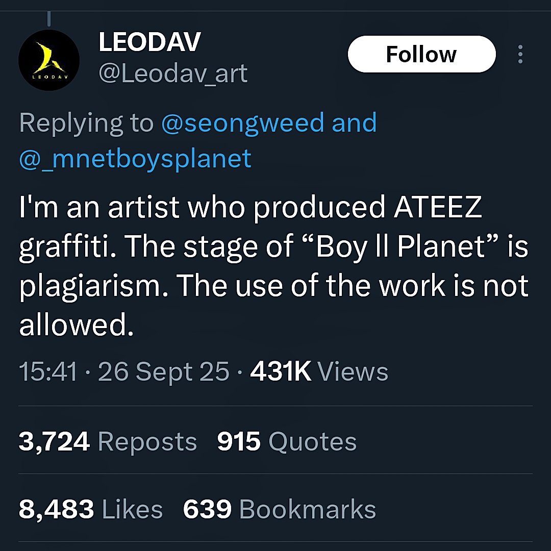 YUNHO FEEDS ๐ (@jyhfeeds) on Twitter photo Hi <a href="/kqent/">KQ ์ํฐํ
์ธ๋จผํธ</a> <a href="/ATEEZstaff/">ATEEZ STAFF</a>,
It has come to attention that <a href="/_mnetboysplanet/">Mnet I BOYS PLANET</a> used ATEEZโs THE WORLD EP.2: OUTLAW graffiti created by <a href="/Leodav_art/">LEODAV</a>. This is plagiarism.
#Respect_ATEEZXLEODAV RESPECT ATEEZ
#์ ๋ทํ์ #์ ๋ท์์ดํฐ์ฆํ์
RESPECT LEODAV
#์ ๋ท์_์์ดํฐ์ฆ์๊ฒ_์ฌ๊ณผํด๋ผ Hi <a href="/kqent/">KQ ์ํฐํ
์ธ๋จผํธ</a> <a href="/ATEEZstaff/">ATEEZ STAFF</a>,
It has come to attention that <a href="/_mnetboysplanet/">Mnet I BOYS PLANET</a> used ATEEZโs THE WORLD EP.2: OUTLAW graffiti created by <a href="/Leodav_art/">LEODAV</a>. This is plagiarism.
#Respect_ATEEZXLEODAV RESPECT ATEEZ
#์ ๋ทํ์ #์ ๋ท์์ดํฐ์ฆํ์
RESPECT LEODAV
#์ ๋ท์_์์ดํฐ์ฆ์๊ฒ_์ฌ๊ณผํด๋ผ