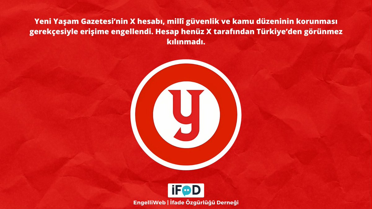 📌Yeni Yaşam Gazetesi ve ETHA'nın X hesaplarına erişim engeli

Yeni Yaşam Gazetesi'nin X hesabı <a href="/gazeteyeniyasam/">Yeni Yaşam Gazetesi</a>, millî güvenlik ve kamu düzeninin korunması gerekçesiyle erişime engellendi

Öte yandan Etkin Haber Ajansı’nın (ETHA) X hesabı “<a href="/etkinhbrajansi3/">Etkin Haber Ajansı</a>“, millî güvenlik ve