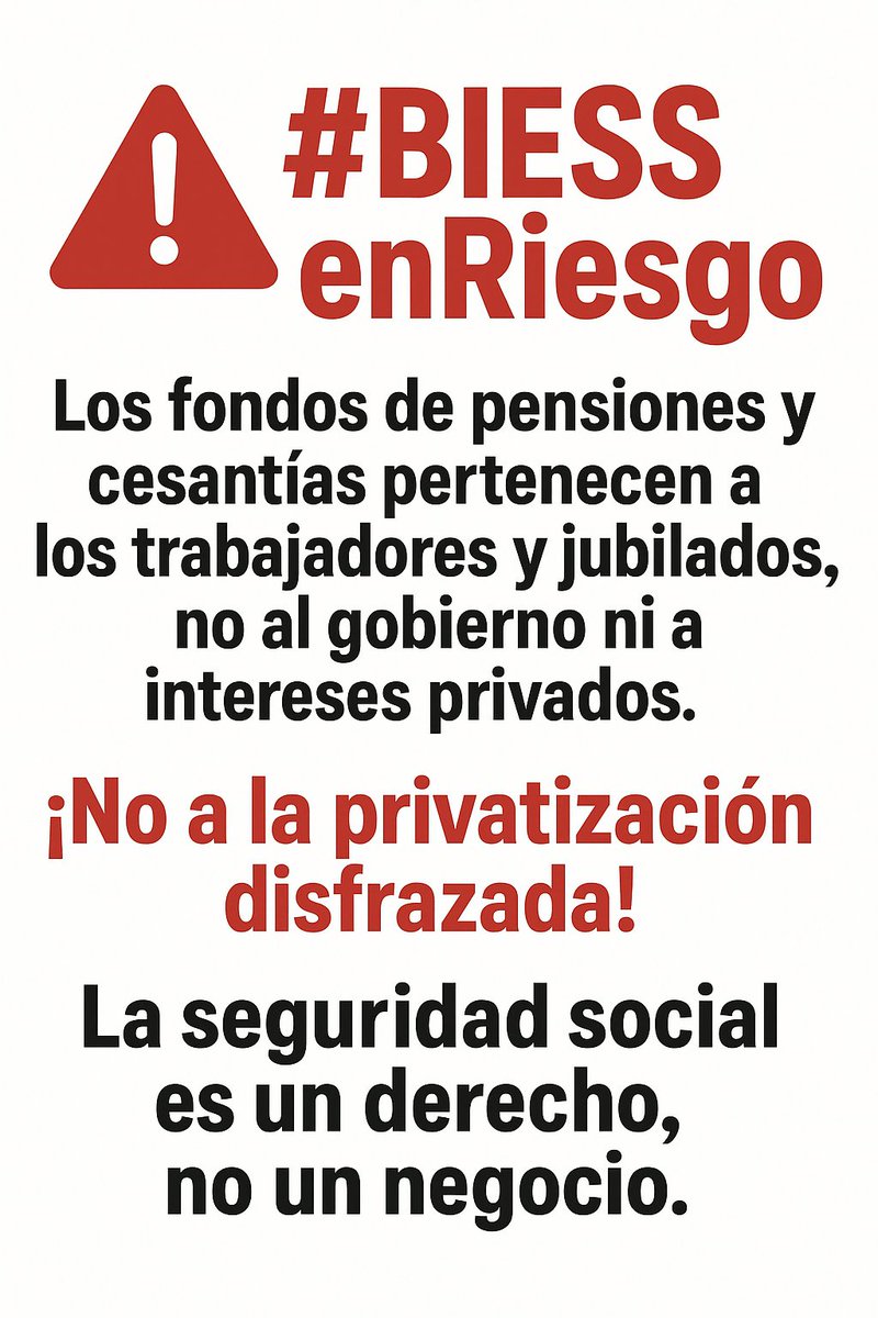 Los fondos de pensiones y cesantías pertenecen a los trabajadores y jubilados, no al gobierno ni a intereses privados.
¡No a la privatización disfrazada!
La seguridad social es un derecho, no un negocio.
#BIESSenRiesgo