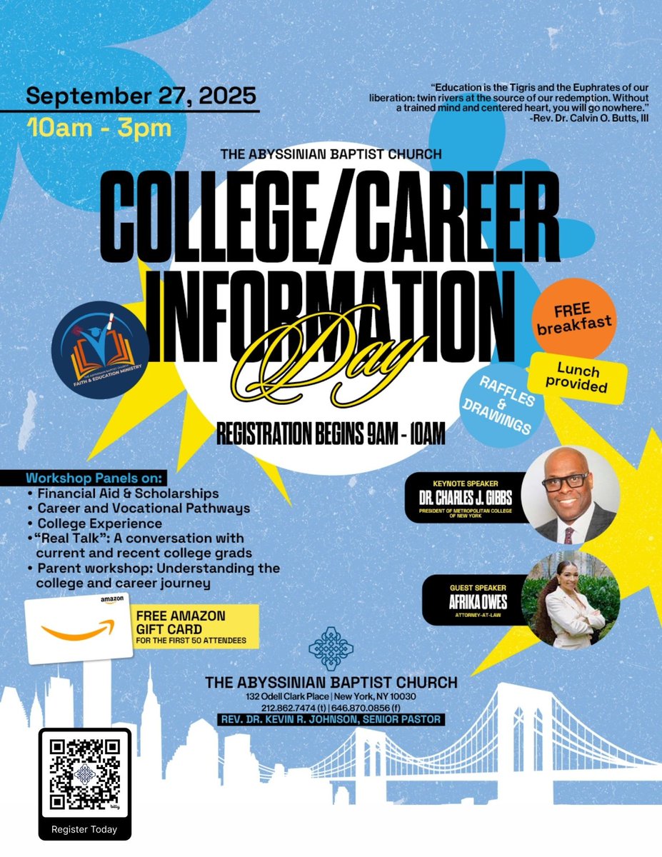 Join us at the 2nd Annual College &amp; Career Day today, 9/27, 10am-2pm. Register now. MCNY's President, Dr. Charles J. Gibbs, is the keynote speaker. Look for the #MCNY table for program and scholarship info!
abyssinian.churchcenter.com/registrations/… #MCNY #TogetherWeRise #AbyssinianBaptistChurch