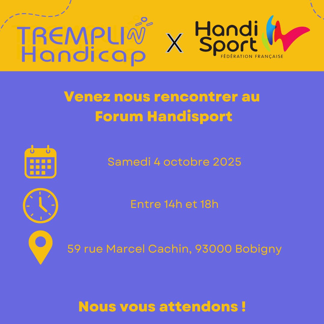 TREMPLIN HANDICAP (@tremplin_handi) on Twitter photo 📣 Nous serons présents au #forum Handisport !
👉 Samedi 4 octobre entre 14h et 18h
✅ C'est l'occasion de découvrir notre association et ses actions en faveur des #jeunes en situation de #handicap 
🤝 Venez nous rencontrer ! 📣 Nous serons présents au #forum Handisport !
👉 Samedi 4 octobre entre 14h et 18h
✅ C'est l'occasion de découvrir notre association et ses actions en faveur des #jeunes en situation de #handicap 
🤝 Venez nous rencontrer !