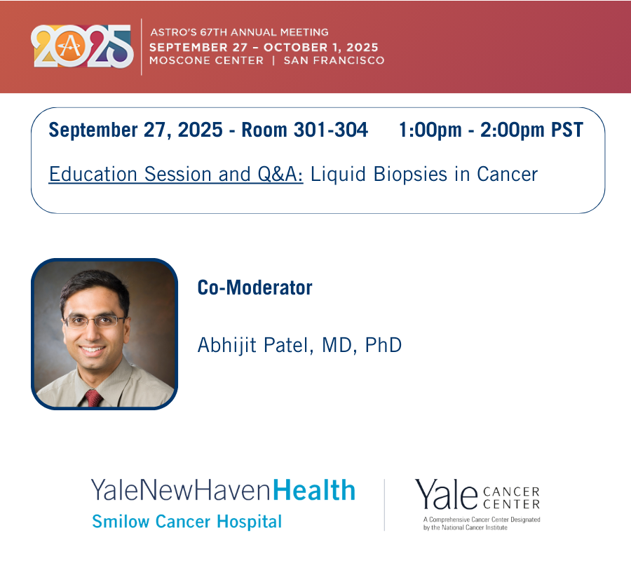 YaleCancer's tweet photo. Dr. Abhijit Patel @PatelLabYale is co-moderating an Education Session this afternoon on #liquidbiopsies in cancer. #ASTRO25 https://t.co/C4TeiwHgIP
@SmilowCancer @YaleRadOnc https://t.co/6sAronZ3fd