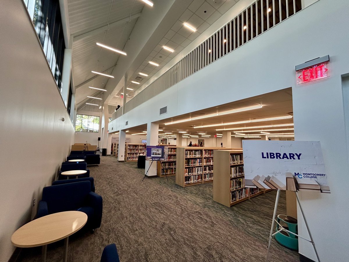 The two-year renovation of the TP/SS Campus library <a href="/montgomerycoll/">Montgomery College</a> includes new group study rooms, enhanced technological resources, solo use rooms for online class participation, more designated quiet spaces and floor-to-ceiling windows enhancing natural light.
