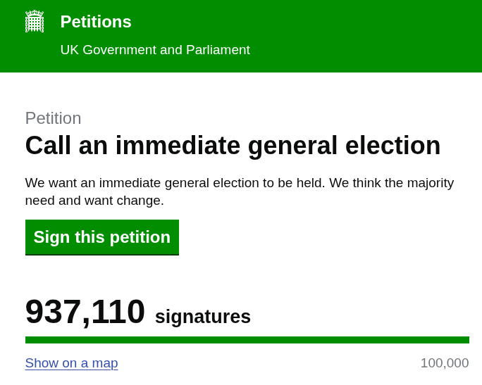 actualAlexJames's tweet photo. 🚨 Almost 1 MILLION people have signed a UK petition demanding an ELECTION immediately.

At 100,000 Parliament must consider this for debate. https://t.co/WhCxwxdnbH