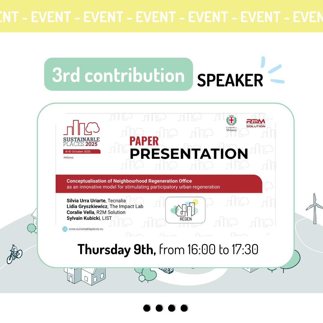🌍 Excited for Sustainable Places 2025 in Milan (Oct 8–10)! REGEN is back:
🏛 NEB Workshop – Rethinking living spaces
🏘 NEIB Regeneration – Participatory urban transformation
🧩 NRO – Community-driven regeneration
Register online/on-site! #SustainablePlaces2025 #REGEN
