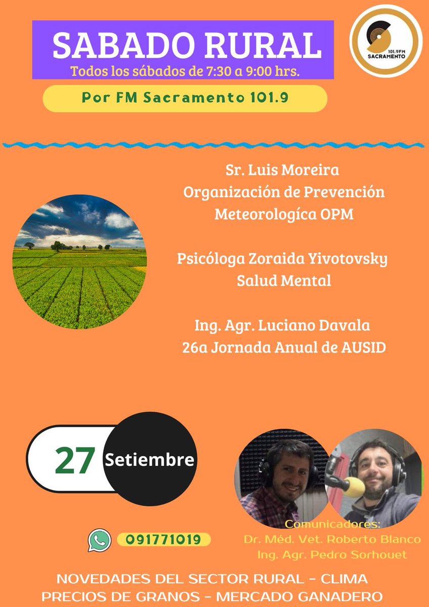 Mañana otro #SabadoRural en el aire de #SacramentoFM 

⏰ 7:30 a 9:00 am
📻 101.9 FM

Vía web 👇🏻

Podes escucharnos en Sacramento FM en el 101.9 o a través de: ro.com.uy/sacramento-fm-… o radios.com.uy/sacramento-col…