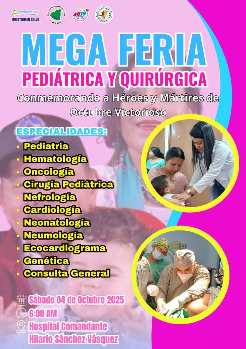 MINSA invitan a Familias del Departamento de #Masaya
A MEGA FERIA PEDIÁTRICA Y QUIRÚRGICA.
Sábado 4 de octubre,
a partir de las 6:00 a.m.
Hospital Comandante Hilario Sánchez.
Día dedicado a la Salud gratuita y de calidad.
#UnidosEnVictorias
<a href="/molotovdigital_/">Molotov Digital</a>
<a href="/LaZelayita/">La Zelayita 🇳🇮</a> <a href="/RDRFSLN_/">RDRFSLN_🇳🇮❤🖤</a>
