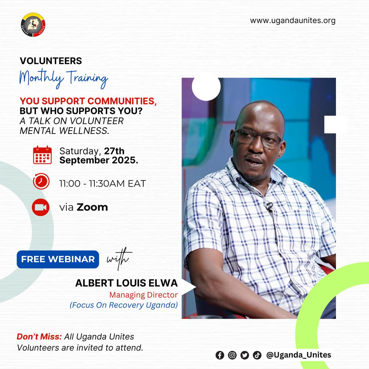 This Saturday, <a href="/LouisElwa/">Albert Elwa Louis</a> will join and talk to the <a href="/UgandaUnites/">Uganda UNITES</a> volunteers on mental wellness. 💚
#MentalHealthMatters