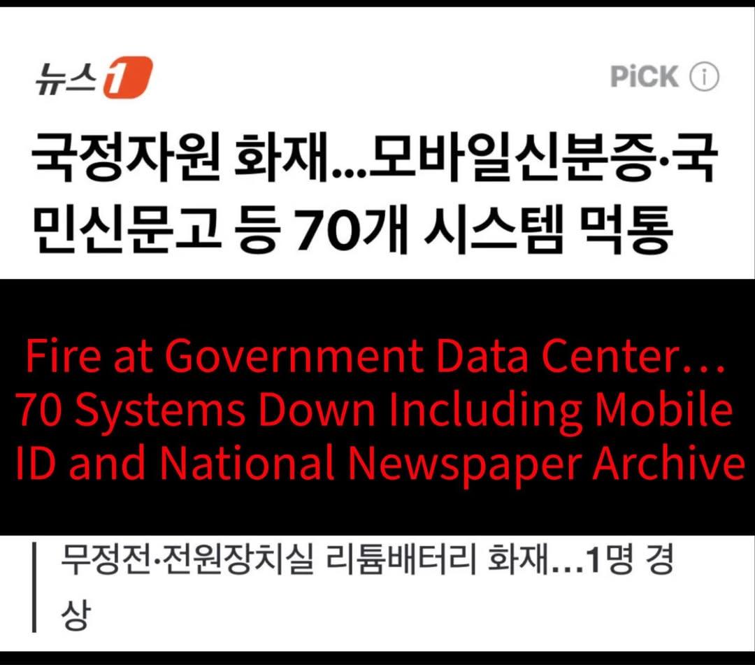 On September 26th, at 8:15 PM, a fire broke out at the National Information Resources Service (NIRS) in Daejeon, South Korea. A disaster alert was sent three hours later at 11:04 PM. 
<a href="/ColonelRETJohn2/">ColonelRETJohn2</a>
DrTaraO
<a href="/FredFleitz/">Fred Fleitz</a>
<a href="/GordonGChang/">Gordon G. Chang</a>
<a href="/NewshamGrant/">Grant Newsham</a>
 realdonaldtrump
