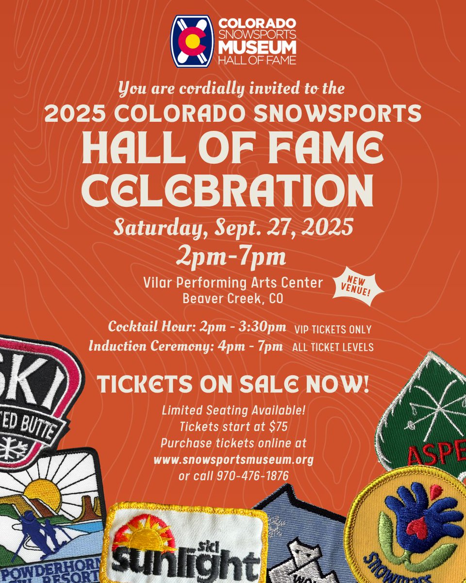 COSnowsportsMus's tweet image. Secure your tickets today for the 2025 Colorado Snowsports Hall of Fame Celebration, tomorrow -- Saturday, September 27th.

More info and ticket link: snowsportsmuseum.org/event/2025-col…

Please note that online ticket sales close tomorrow at 1 pm. Tickets can still be purchased at the door.