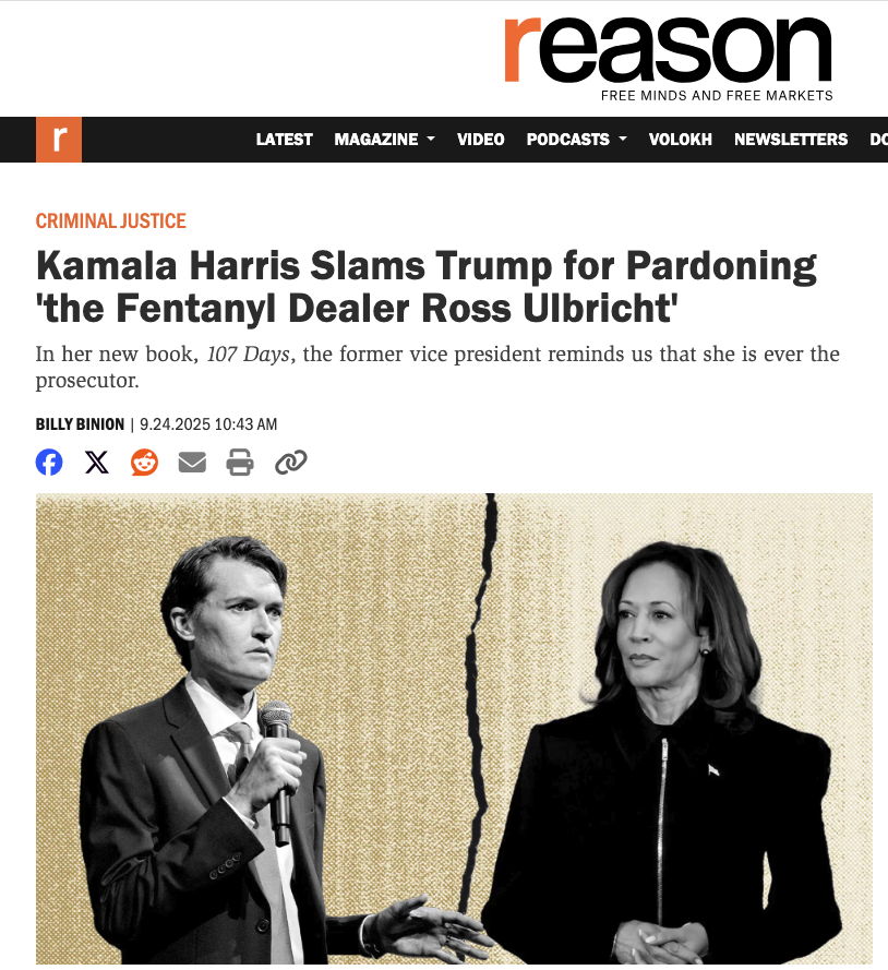 LPNational's tweet image. Kamala Harris continues to showcase her abject ignorance and malice by slandering Ross Ulbricht, who was wrongly persecuted by the Federal Government, and has never been accused of trafficking in fentanyl. If stupidity were currency, Harris would be the new Fed Chair.
