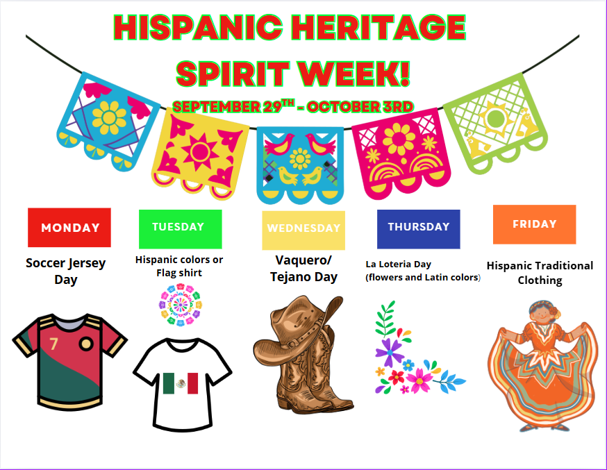 Let's have a blast next week during our Hispanic Heritage Spirit Week, we look forward to seeing your attire each day! Studenta remember if you don't dress us you are required to wear your school uniform. <a href="/OwensInt/">Owens Intermediate</a> <a href="/AliefISD/">Alief ISD</a> #HispanicHeritageMonth