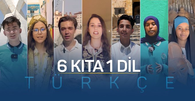 Seven individuals, including students from various countries, posing for photos. They wear casual and traditional clothing, some with headscarves. Text overlay reads "6 KITA 1 DİL TÜRKÇE" in blue and white.