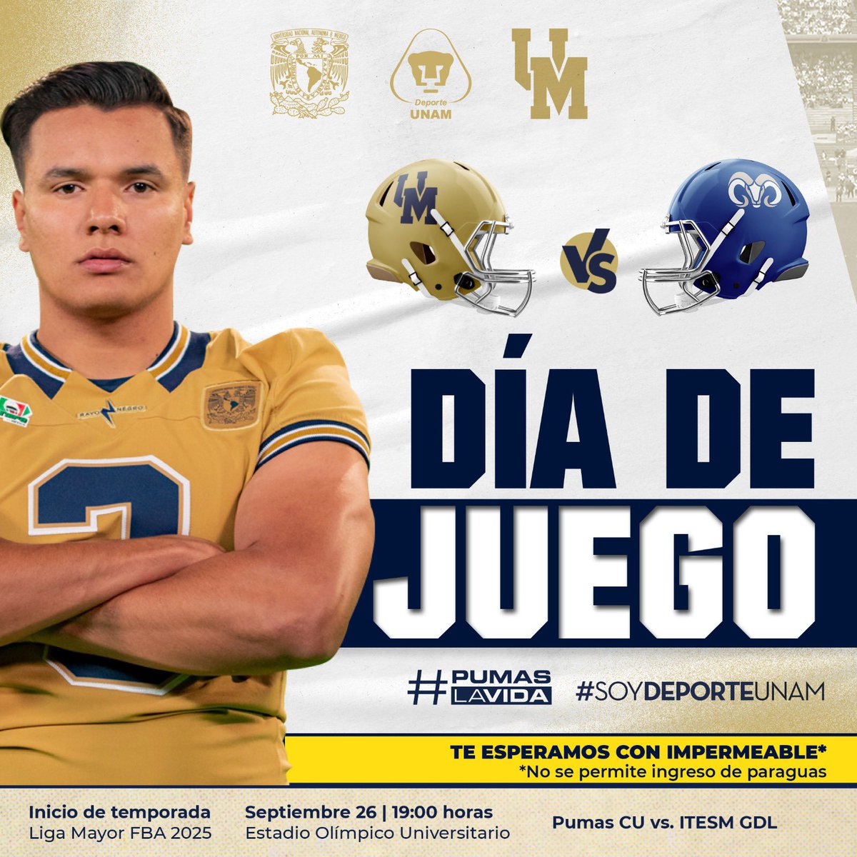 PumasCU_fba's tweet image. 🏈 HOY ES DÍA DE JUEGO🔥🔝

👉🏼Acompáñanos al encuentro:
🐾 PUMAS CU vs ITESM GDL
#LigaMayor 2025

🗓️ Viernes 26 de septiembre
🏟️ Estadio Olímpico Universitario
⏰ 19:00 hrs

🎟️ Venta de boletos:

📌Ticketmaster: goo.su/Ejs7Mg
📌DGDU

#SoyDeporteUNAM #PumasLaVida