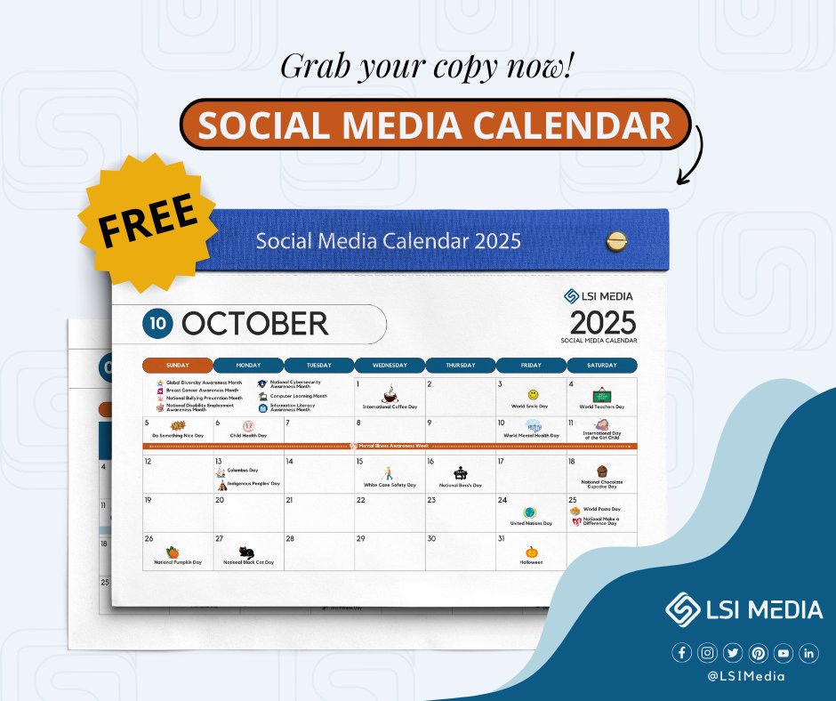 lsimedia's tweet image. 🍂 Make October your most impactful month yet! 😊 

Our FREE October Social Media Calendar is ready to help you plan smarter, post consistently, and stay connected with your audience. 

📅 Grab your calendar now! rfr.bz/t72ca6d 

#LSIMedia #DigitalMarketing #SpecialDays