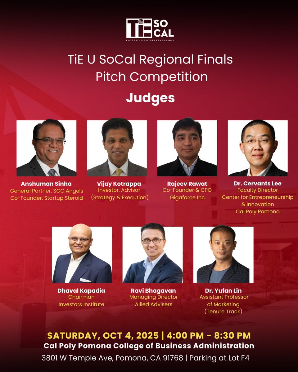 The TiE U SoCal Regional Finals – Pitch Competition brings together a panel of judges who embody experience, leadership, and entrepreneurial excellence:

Register here: events.tie.org/TiEU-SoCal-Cha…

#TiESoCal #JudgingPanel #StartupLeaders #PitchEvent