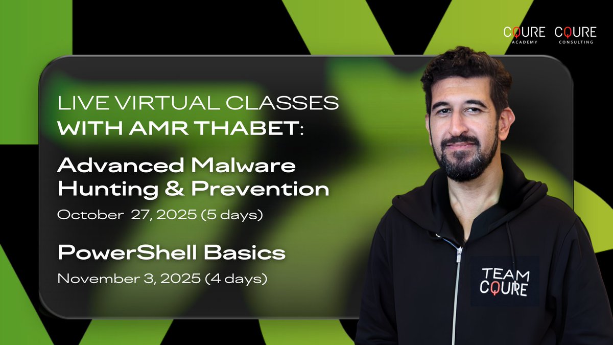 CQUREAcademy's tweet image. Learn from the author of &quot;Mastering Malware Analysis&quot;, @Amr_Thabet, at his intensive training sessions:

Advanced Malware Hunting &amp;amp; Prevention: start October 27 👉cqureacademy.com/cyber-security…

PowerShell Basics: start November 3 👉cqureacademy.com/cyber-security…

#MalwareAnalysis #PowerShell