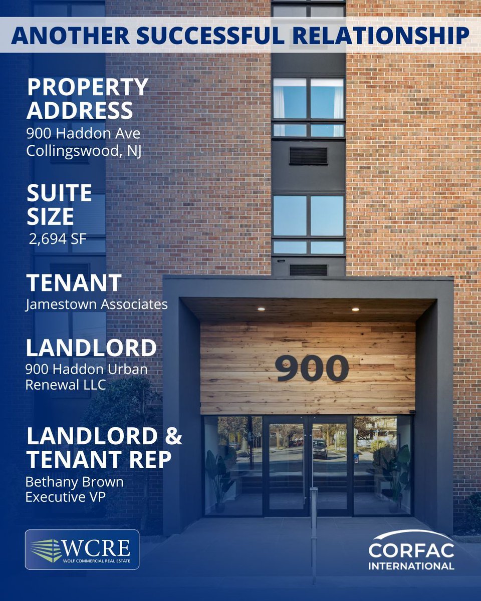 Congrats to WCRE’s Bethany Brown for representing both the Landlord and Tenant in the successful lease of 2,694 SF of office space at 900 Haddon Avenue, Collingswood, NJ.

Read more about this transaction: wolfcre.com/relationship/9…

Contact Bethany Brown for more details.