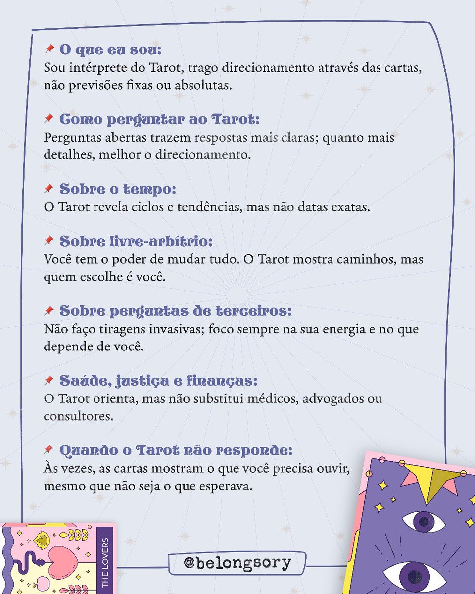 belongsory's tweet photo. 🔮✨ leitura de tarot ✨🔮

— agenda aberta! —

se você busca respostas, direcionamento ou um empurrãozinho do universo, eu tô disponível 💜

→ só me chamar na dm! https://t.co/Z7UQ9WY9Fz
