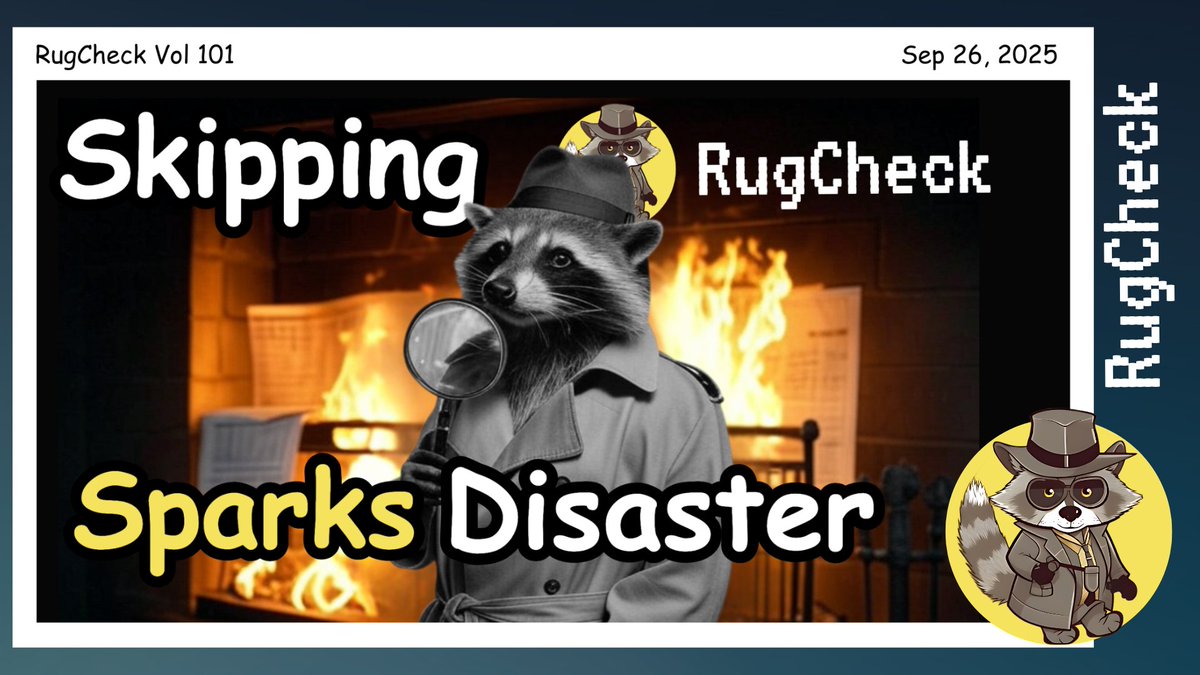 RugCheck Vol 101 缩略图，显示一只侦探浣熊在调查火灾，文字为 'Skipping RugCheck Sparks Disaster'