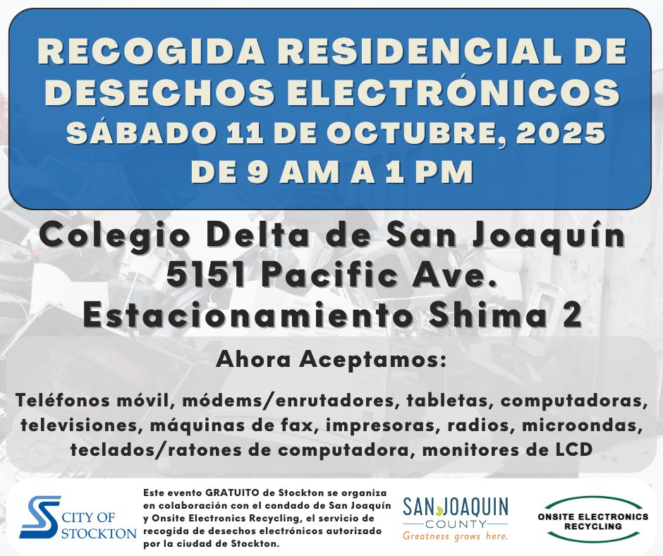 A FREE residential e-waste collection is happening on Oct 11, 9am to 1pm. You can safely dispose of unused electronic devices. Contact Onsite Electronics Recycling at (209) 234-7994 if you have any questions about this collection event.