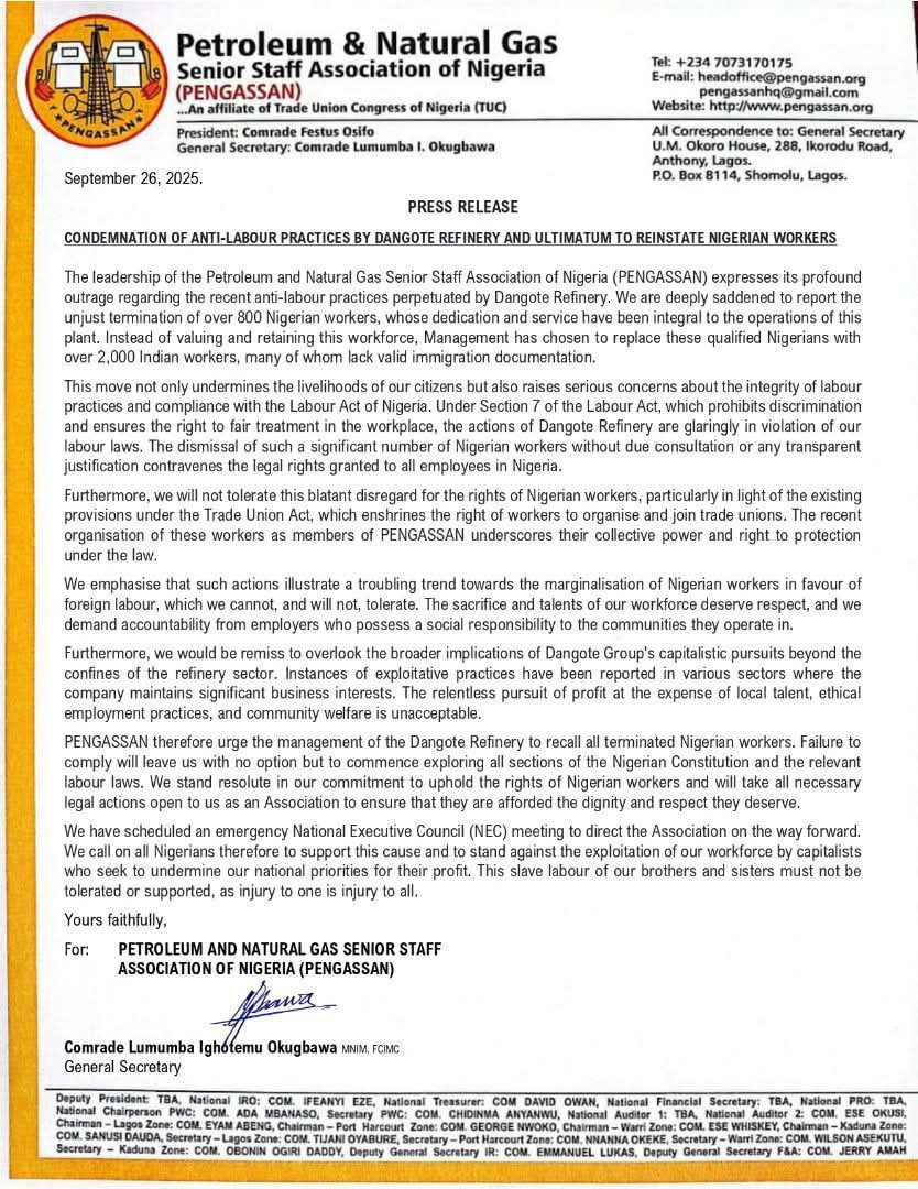 IU_Wakilii's tweet image. PENGASSAN demanded the immediate recall of all terminated workers and gave Dangote Refinery an ultimatum to comply, warning that failure to do so would trigger full mobilisation of its members nationwide.