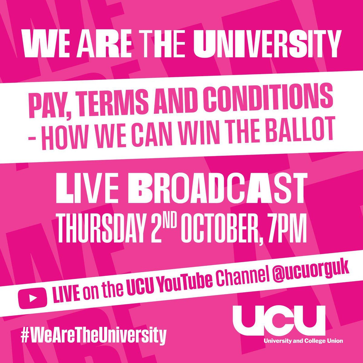 🚨 LIVE BROADCAST 🚨

📢 We Are The University: Pay, Terms &amp; Conditions – How We Can Win the Ballot

🗓 Thurs 2 Oct
⏰ 7pm UK time 
📍 Join live: youtube.com/watch?v=JkNLGN…

Hear from our General Secretary <a href="/DrJoGrady/">Jo Grady</a> on what’s at stake and how we can win ✊