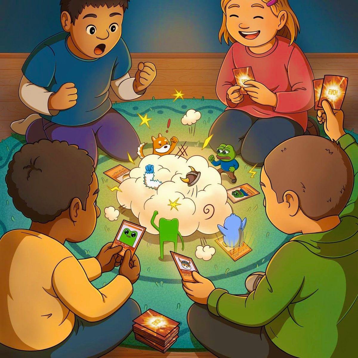 cryptopizzagirl's tweet image. Just came across $EVCN 👀

It’s a physical crypto trading cards project where you can open packs just like Pokémon 😱

They’ve got all the big memes like $PEPE &amp;amp; $LOFI, and it’s a playable game! 🔥

Ngl, as a meme degen I kinda need to cop these 😂