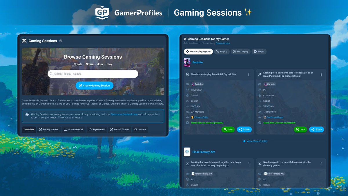 GamerProfilesEN's tweet photo. New on GamerProfiles: Gaming Sessions ✨
Find new friends to play with! Create a Gaming Session for any Game you like, or join existing ones directly on GamerProfiles! It’s like an LFG tool. Share the link of a Gaming Session to invite others!
#gaming
➤ https://t.co/g8hKu2a4BZ https://t.co/qN9kDW0iIQ