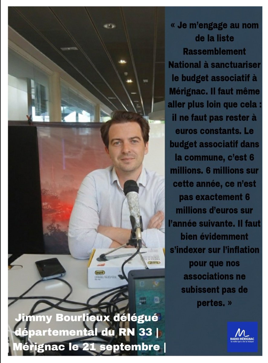 Lors de mon interview, Jimmy Bourlieux est revenu sur son attachement au festival Hypermondes et au monde associatif et sportif.  Il a pris l’engagement au nom de la liste Rassemblement National à sanctuariser le budget associatif à Mérignac 
 interview: youtu.be/6u1pOBRpUDk?si…