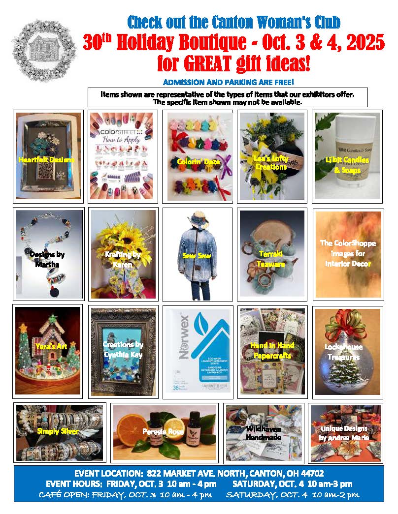 The Canton Woman's Club 30th Holiday Boutique will take place October 3rd and 4th! This free Boutique offers great shopping for unique gift items from a variety of creative, talented exhibitors and more!

visitcanton.com/events/canton-…