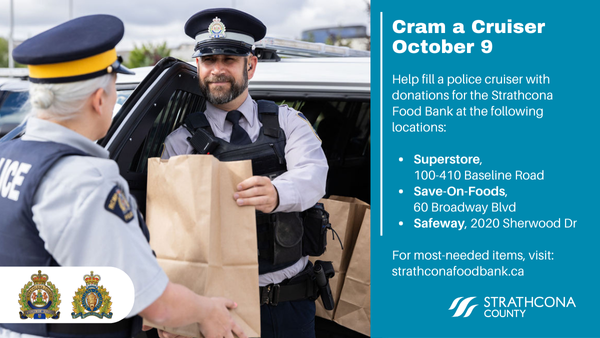 StrathcoCounty's tweet photo. Help cram a cruiser full with donations for the Strathcona Food Bank! On October 9, officers will be parked at three local groceries to raise food and funds for the community.

👉 Learn more: https://t.co/8xYjLEnh1h https://t.co/IFMmVZZfEV